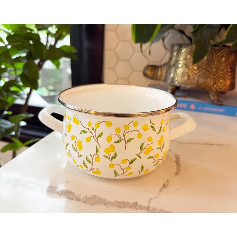 Crofton Enameled Steel Casserole‎ Dish Lemon Pattern Oven Safe 500F White Yellow